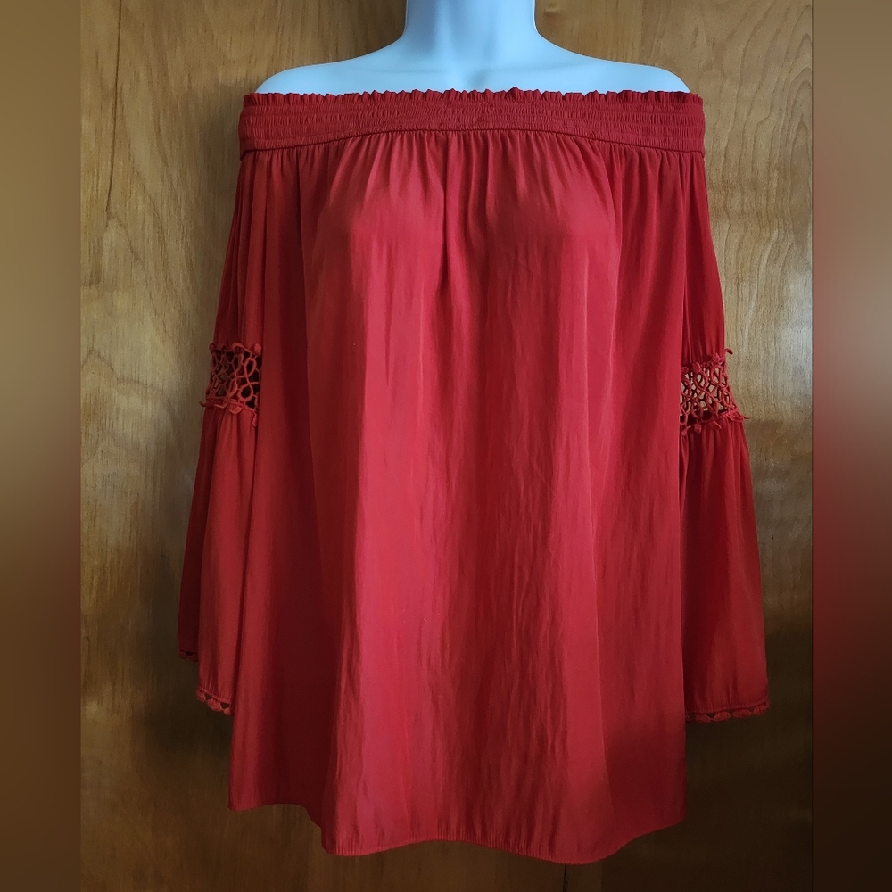 Chico's Crochet Details Off The Shoulder Red Top - Picture 13 of 15